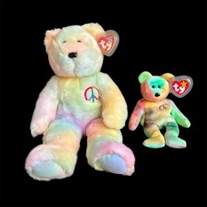 Ty 1999 Tye-Dye Peace Bear Beanie Buddies Plush Beanie New W/Tag